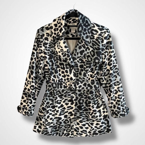 Cache Jackets & Blazers - Cache Coat Womens Small Black White Leopard Print‎ Belted Trench Jacket Pockets